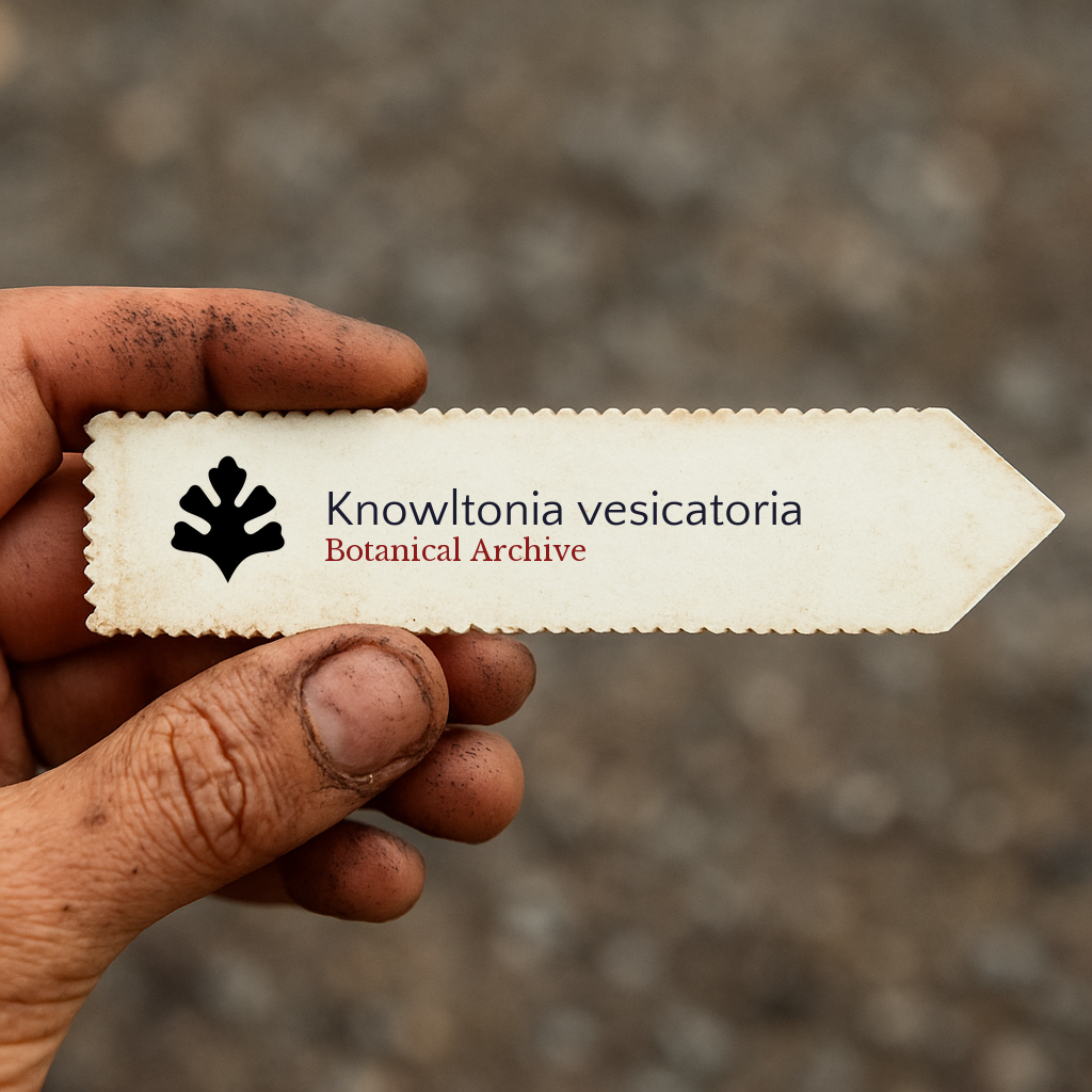Etichetta stampata della pianta per Knowltonia vesicatoria tenuta dalla mano sporca del giardiniere