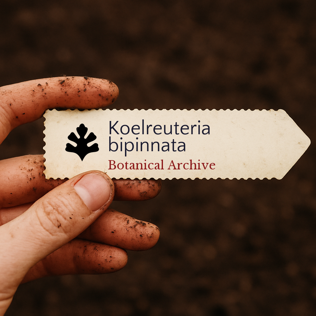 Printed plant label for Koelreuteria bipinnata held by dirty hand over soil background