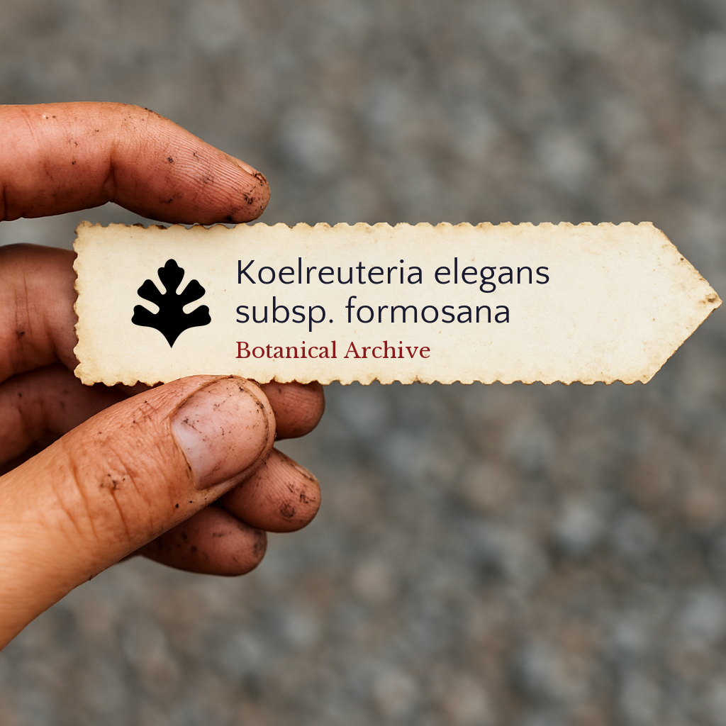 Printed vintage-style plant label for Koelreuteria elegans subsp. formosana held by dirty hand