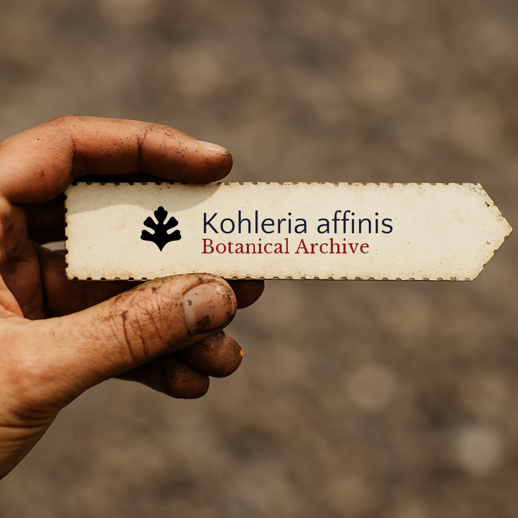 Printed plant label for Kohleria affinis held by dirty hand outdoors