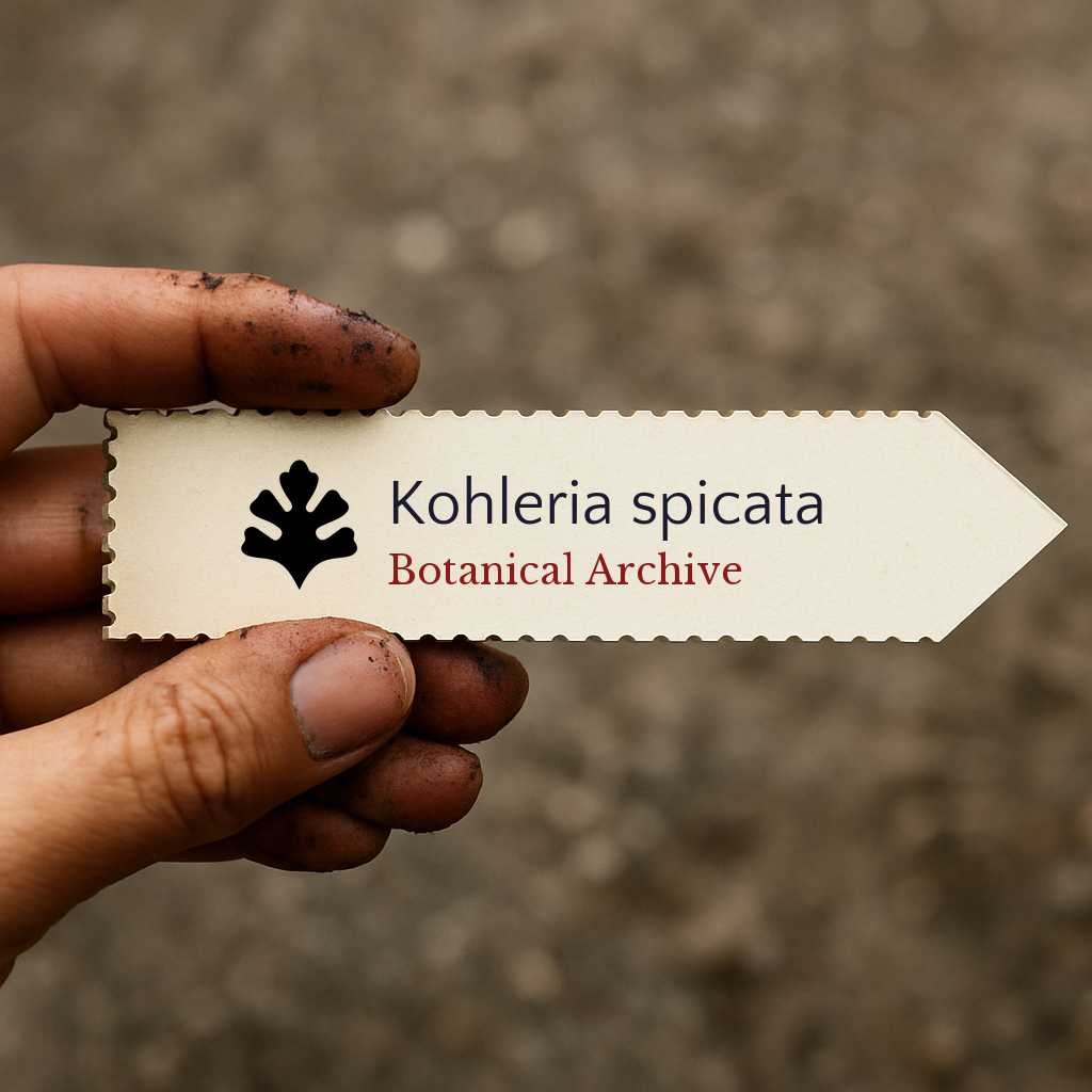 Printed plant label for Kohleria spicata held by dirty hand on blurred background