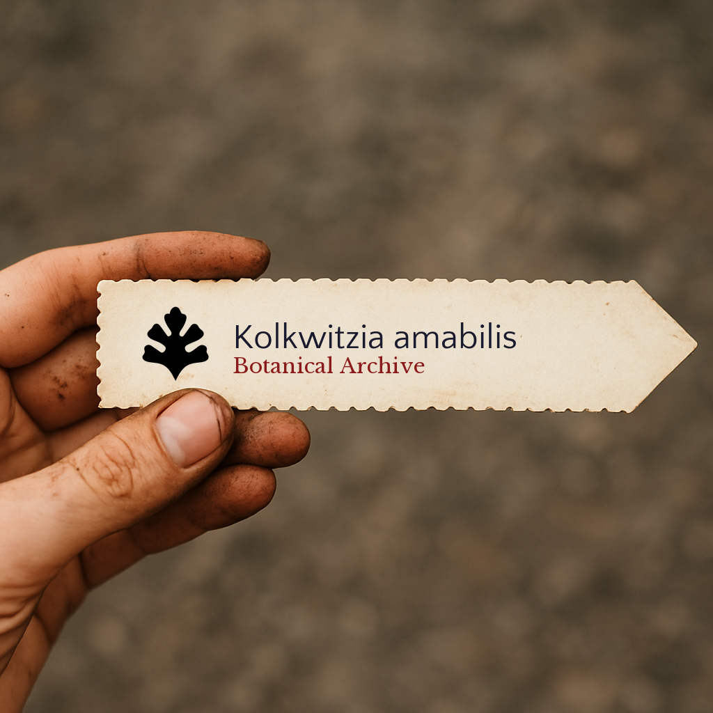 Printed plant label for Kolkwitzia amabilis held by hand with soil-stained fingers
