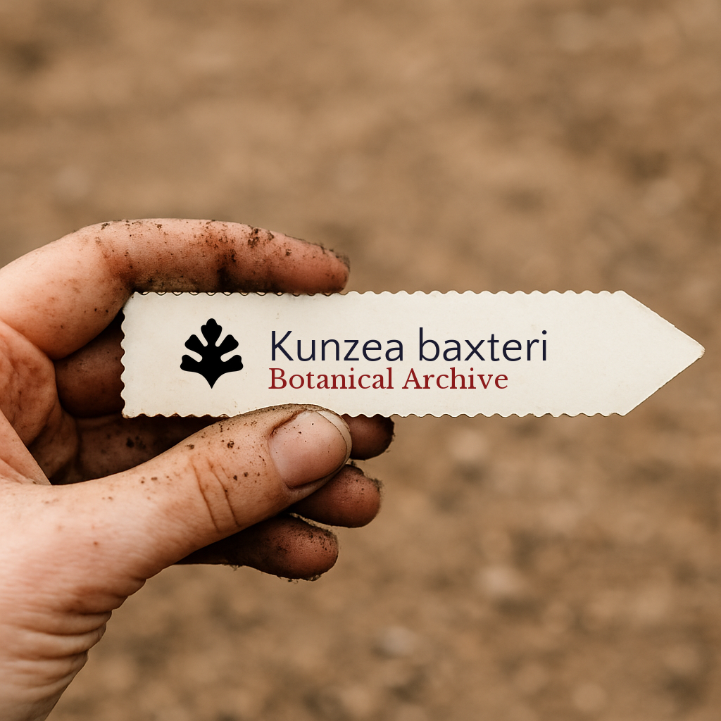 Printed plant label for Kunzea baxteri held by dirty hand with soil background