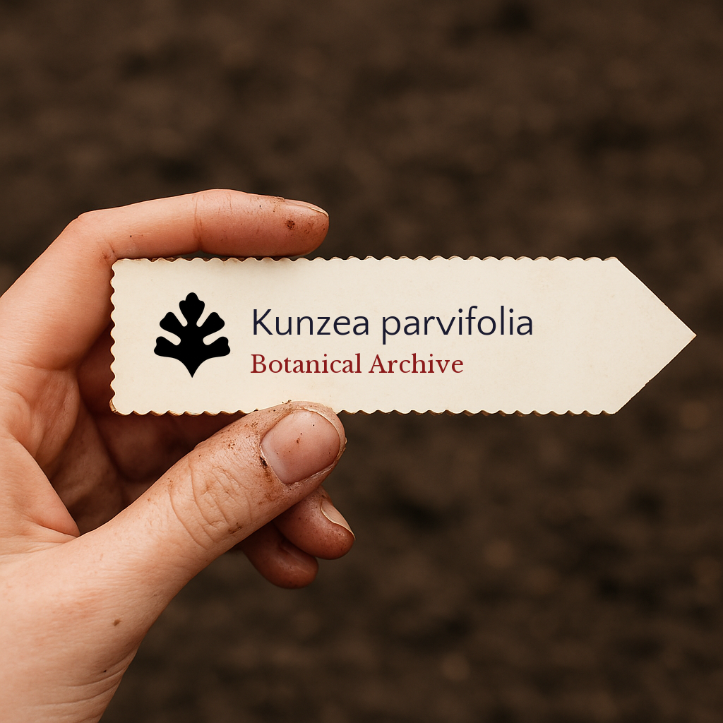 Etichetta per pianta stampata per Kunzea parvifolia con logo Botanical Archive tenuta a mano