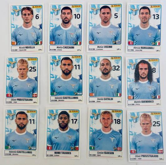 CALCIATORI PANINI 2025-2026 Lazio football player trading cards collection featuring individual player portraits and stats
