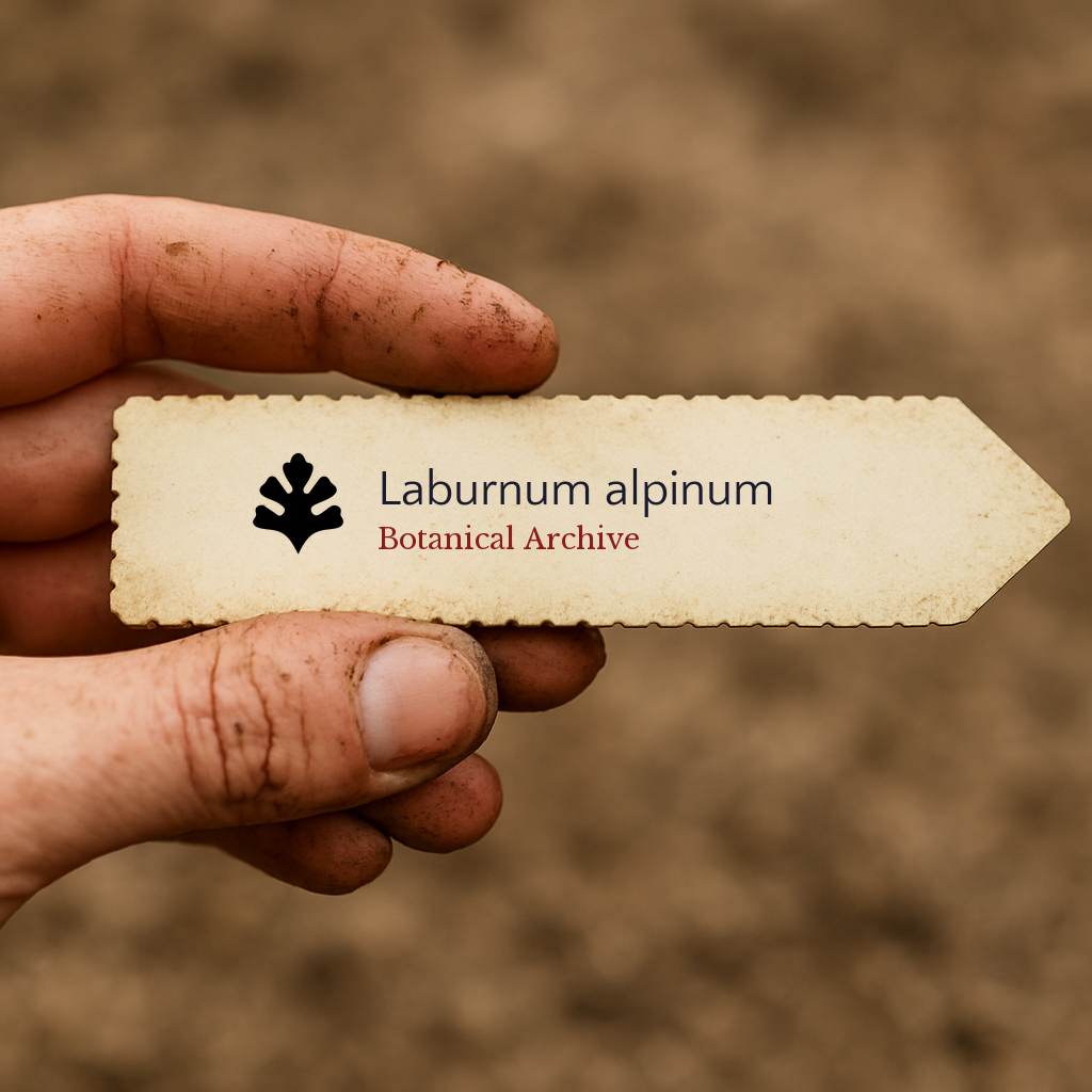 Printed plant label for Laburnum alpinum held by dirty hand over soil background