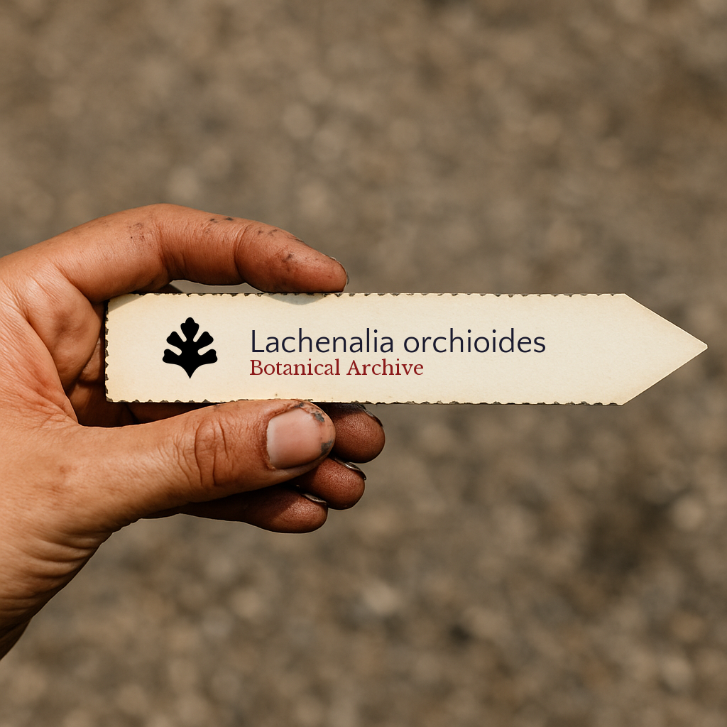 Etichetta per pianta stampata per Lachenalia orchioides tenuta in mano con dita sporche di terra