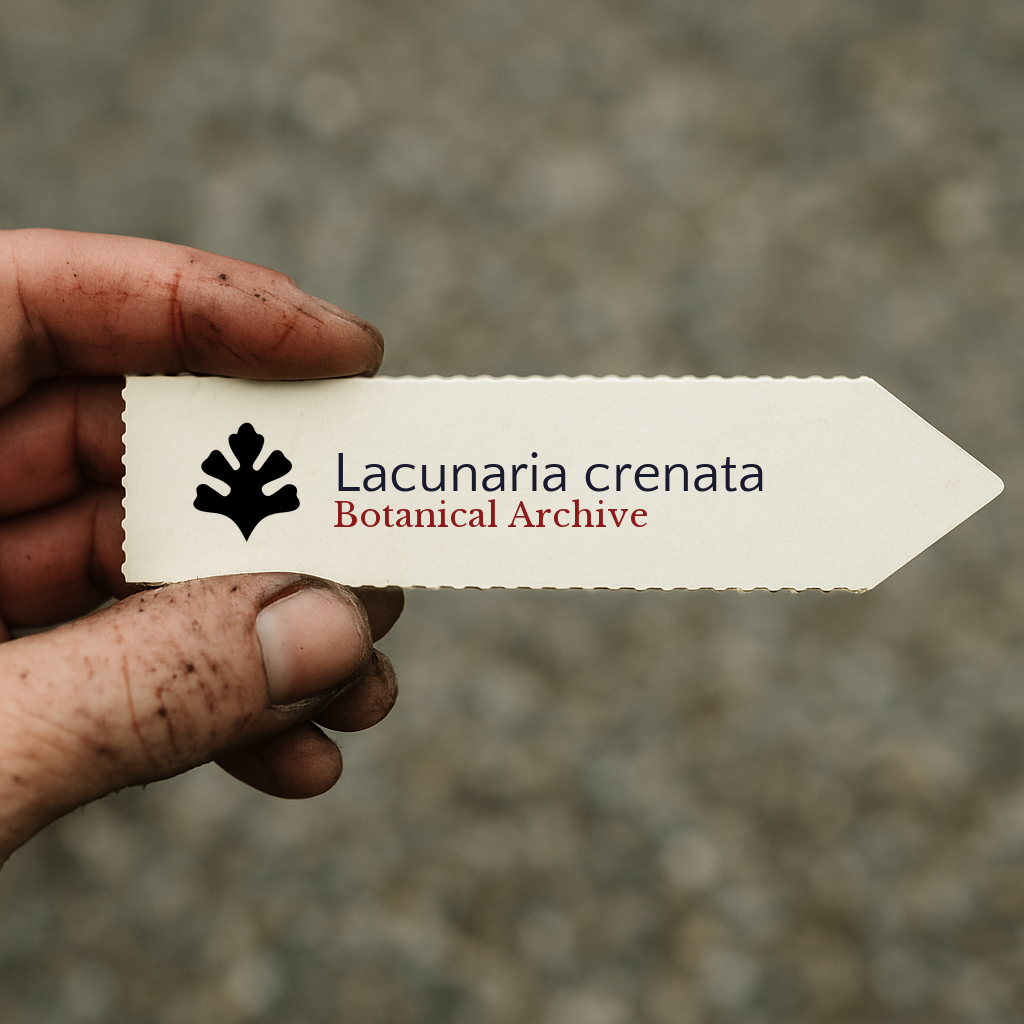 Etichetta stampata per pianta di Lacunaria crenata tenuta da una mano sporca contro sfondo sfocato