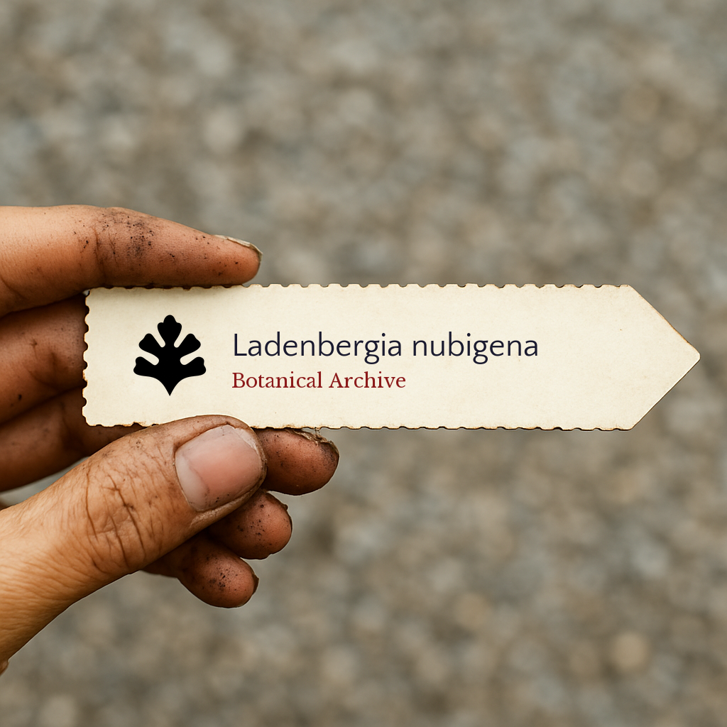 Printed plant label for Ladenbergia nubigena held by a hand with soil on fingers