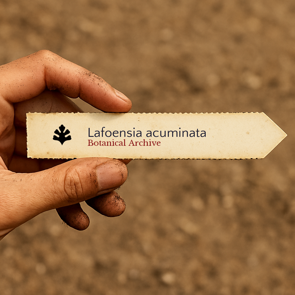 Printed plant label for Lafoensia acuminata held by hand over soil background