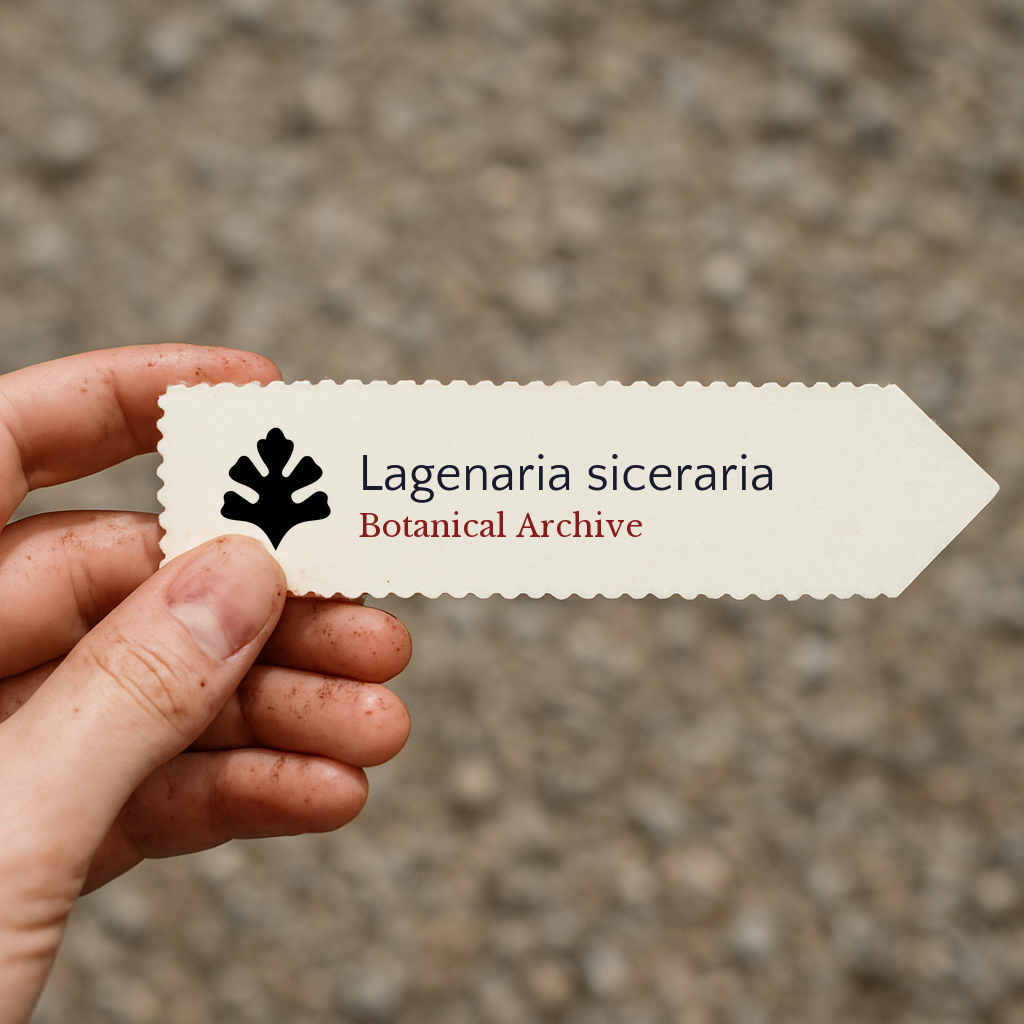 Etichetta per pianta stampata di Lagenaria siceraria tenuta a mano con sfondo di terreno