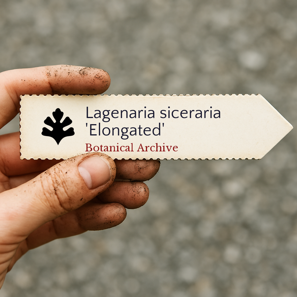 Printed plant label for Lagenaria siceraria 'Elongated' held by dirty hand outdoors