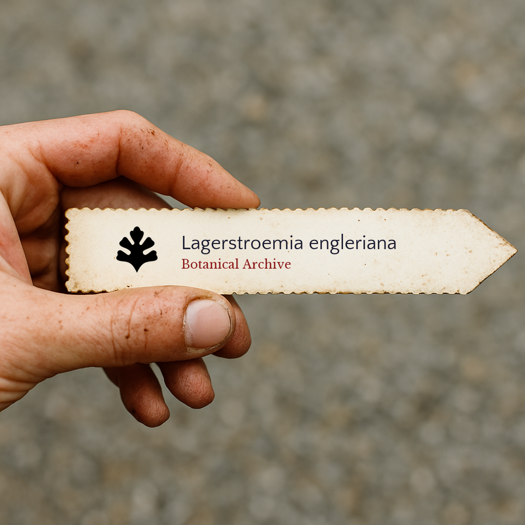 Etichetta vintage dell'archivio botanico per Lagerstroemia engleriana tenuta in mano
