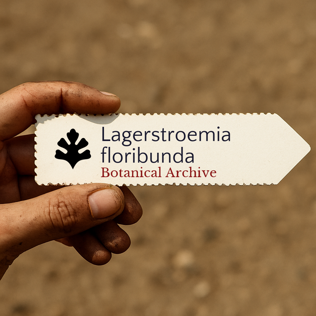 Printed plant label for Lagerstroemia floribunda held by hand with dirt background
