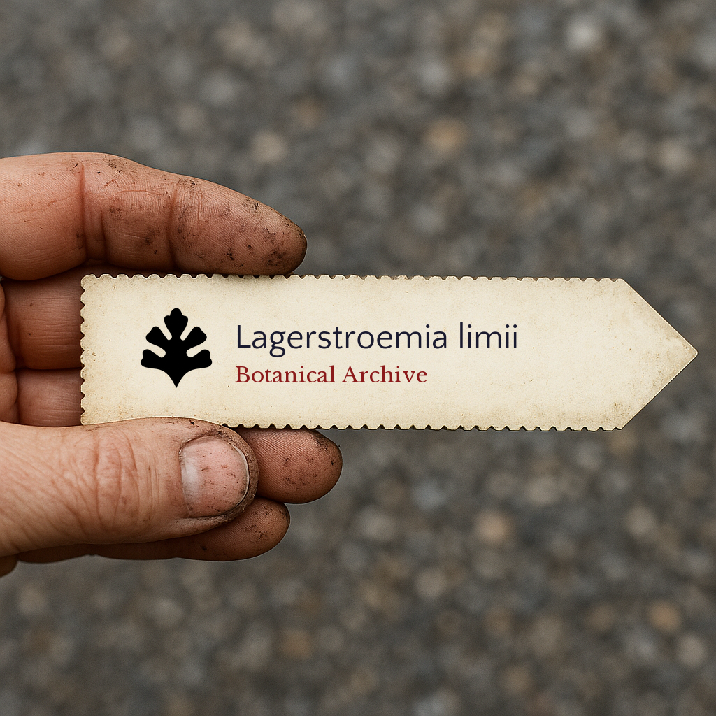 Printed plant label for Lagerstroemia limii held by dirty hand with blurred background
