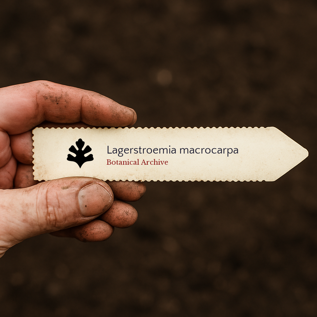 Printed plant label for Lagerstroemia macrocarpa held by dirty hand over soil background