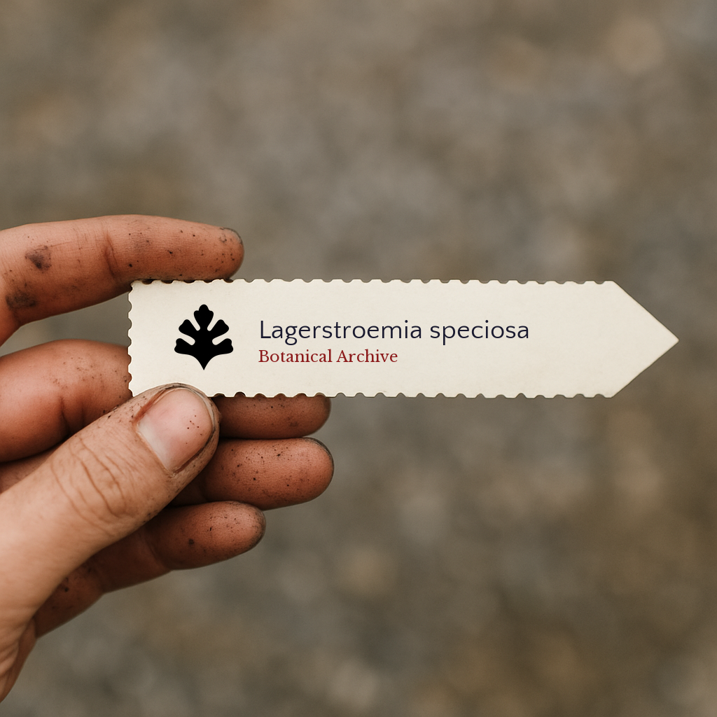 Printed plant label for Lagerstroemia speciosa held by a dirt-stained hand
