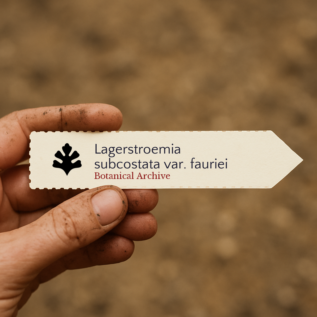 Printed plant label for Lagerstroemia subcostata var. fauriei held by hand with soil background