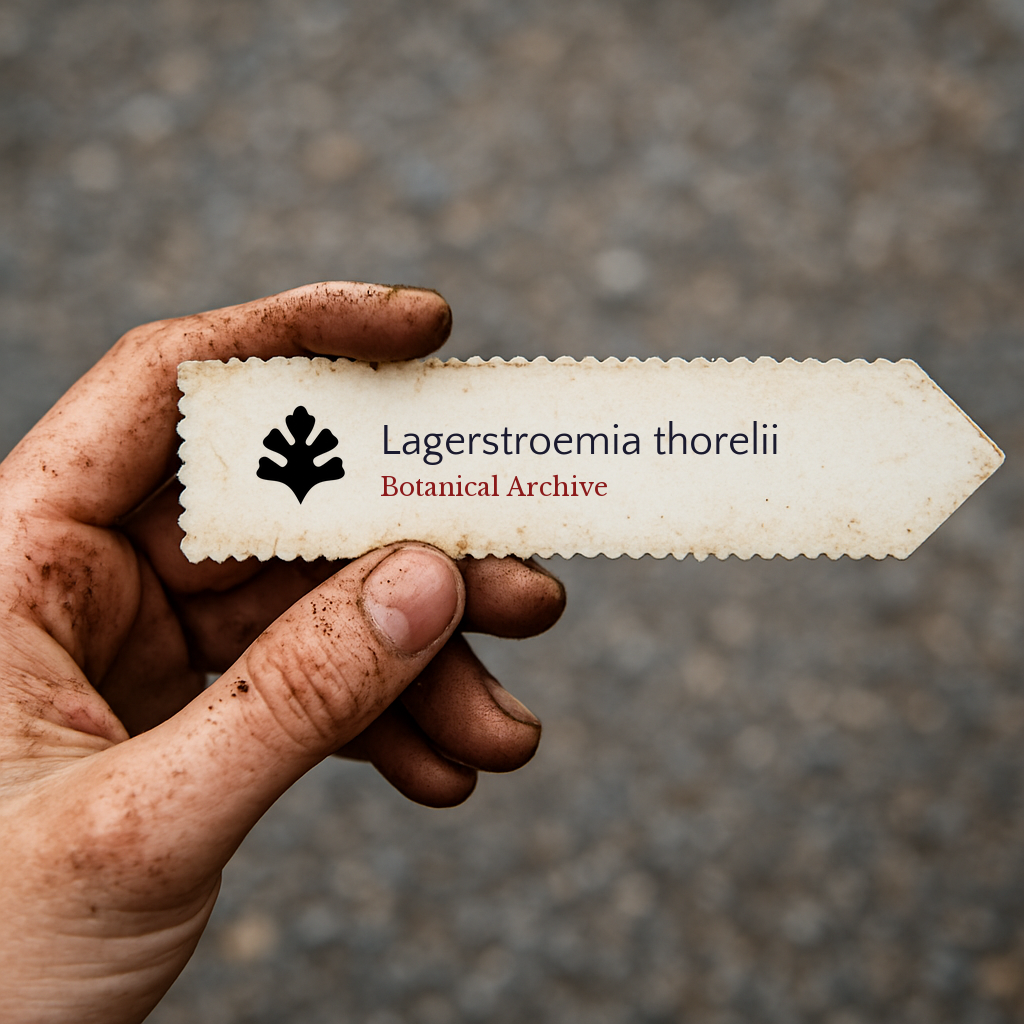 Printed plant label for Lagerstroemia thorelii held by dirty hand outdoors
