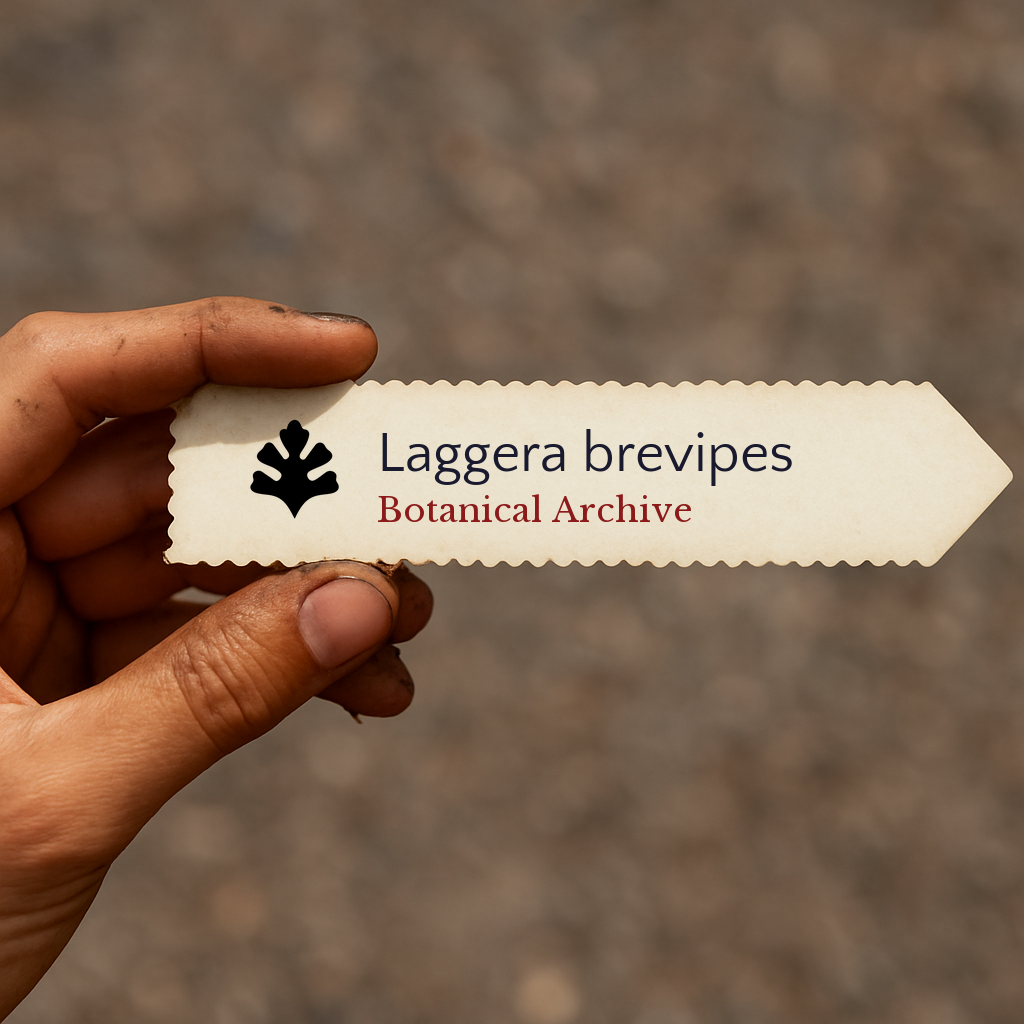 Printed plant label for Laggera brevipes with botanical archive logo held by hand