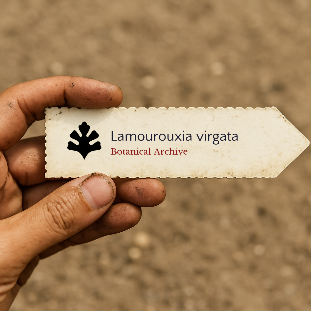 Printed botanical archive label for Lamourouxia virgata held by hand with soil background