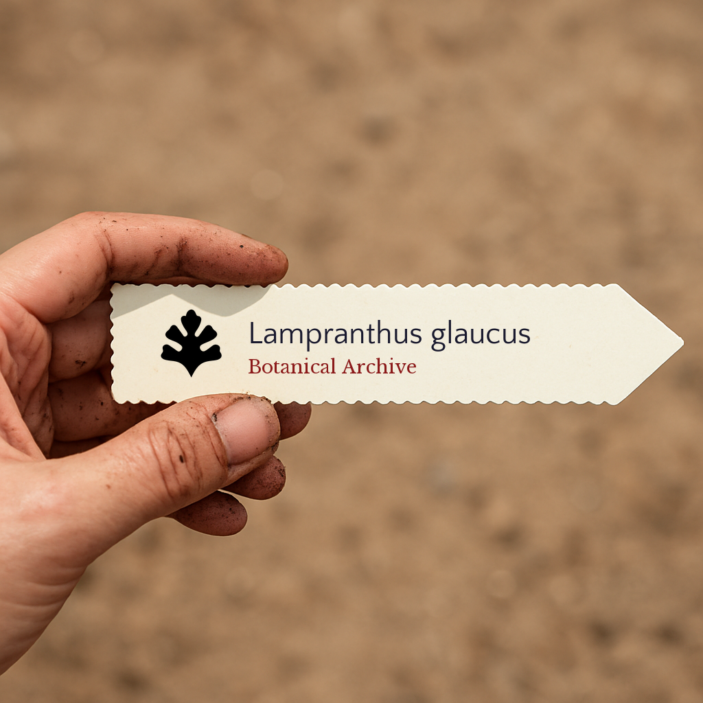 Printed plant label for Lampranthus glaucus held by dirty hand against soil background