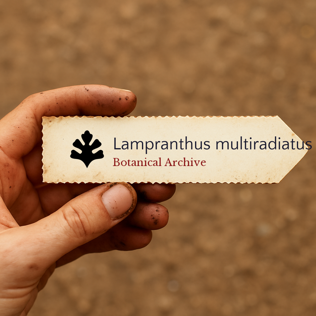 Etichetta stampata per pianta Lampranthus multiradiatus tenuta a mano con sfondo di terreno