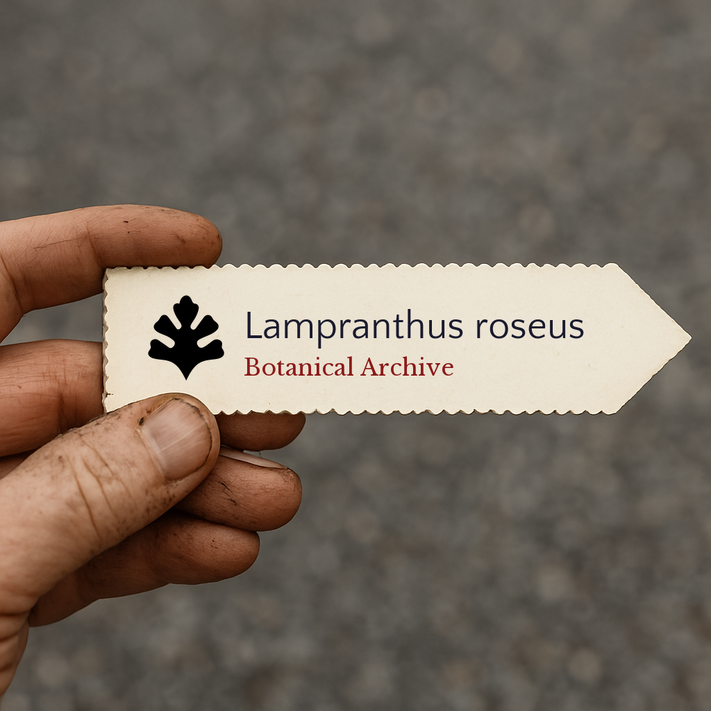 Printed plant label for Lampranthus roseus held by hand with dirt on fingers