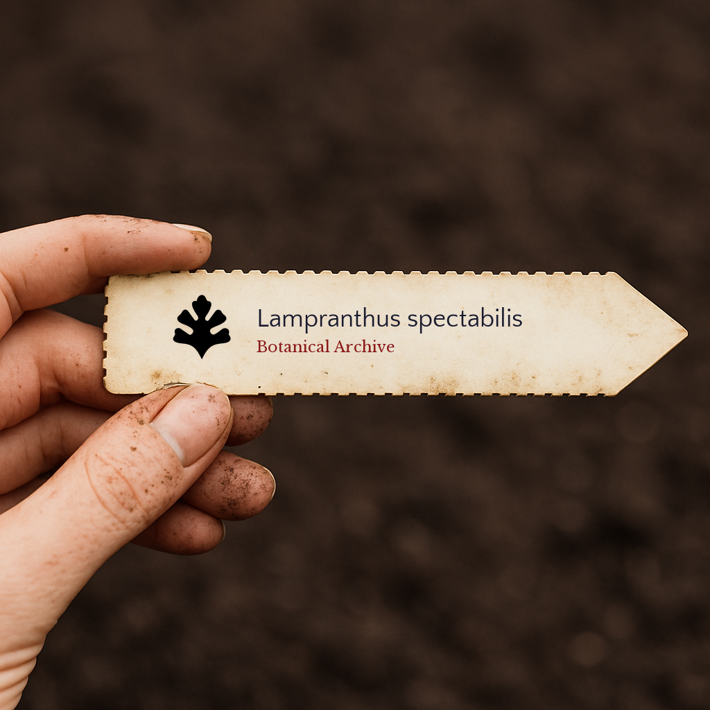 Printed plant label for Lampranthus spectabilis held over soil background