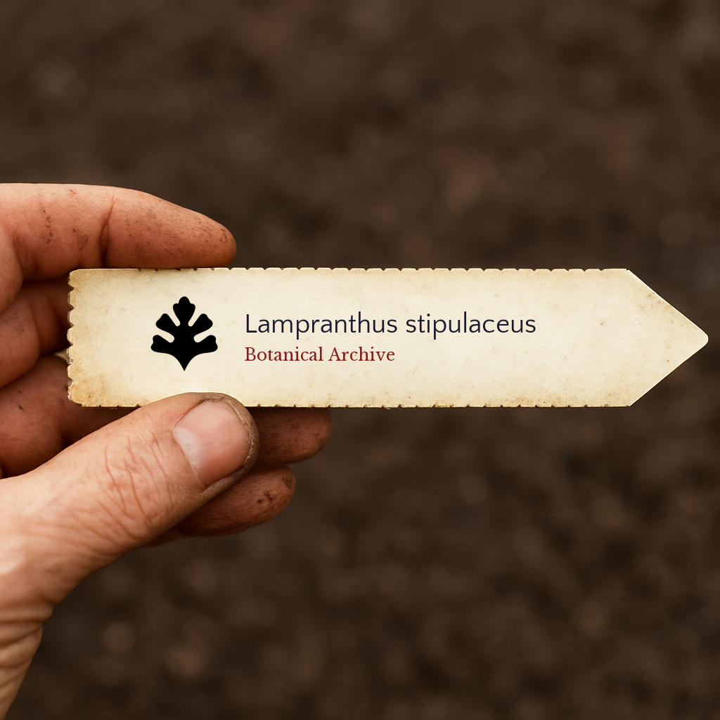 Etichetta per piante stampata per Lampranthus stipulaceus tenuta in mano su sfondo di terreno