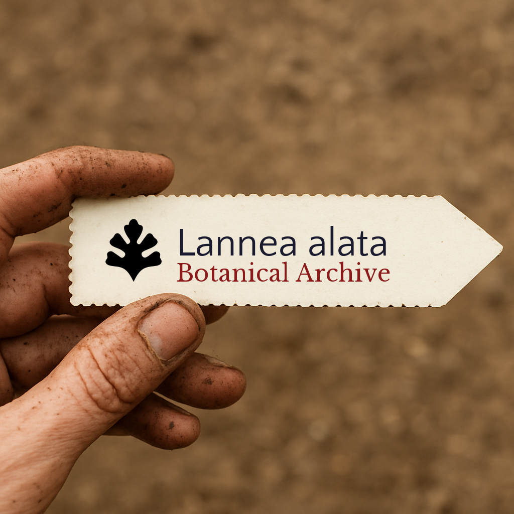 Printed plant label for Lannea alata held by dirty hand with blurred soil background