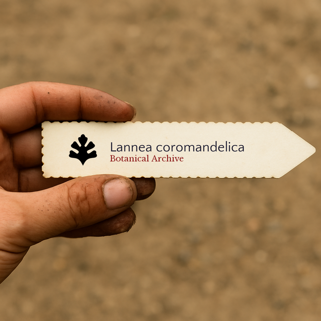Etichetta stampata per pianta di Lannea coromandelica tenuta a mano con sfondo terroso