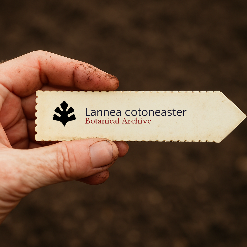 Etichetta stampata per pianta di Lannea cotoneaster tenuta in mano con sfondo di terra