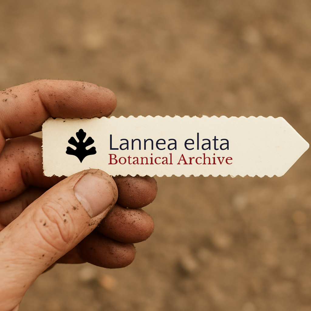 Printed plant label for Lannea elata held by dirty hand over soil background