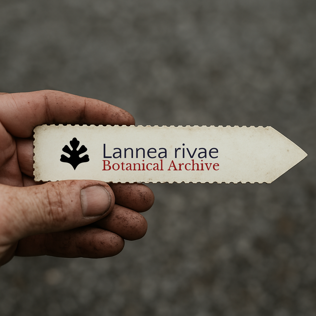 Printed plant label for Lannea rivae with botanical archive logo held by dirty hand