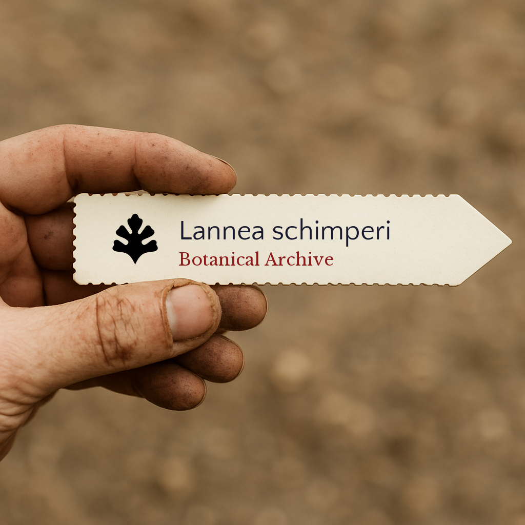 Printed plant label for Lannea schimperi held by hand with soil background