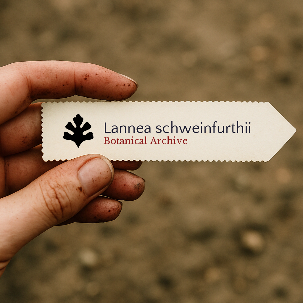 Printed plant label for Lannea schweinfurthii held by hand with soil background