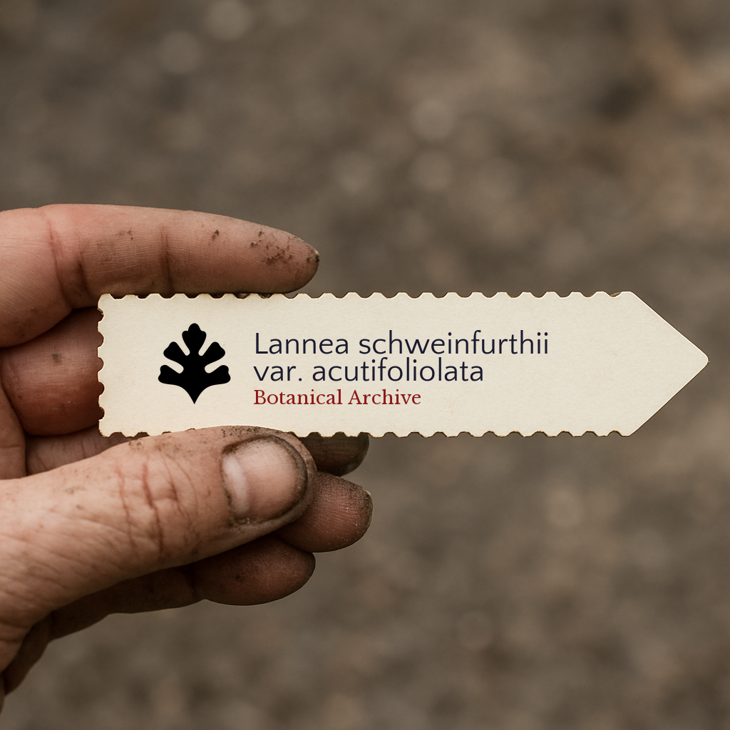 Printed plant label for Lannea schweinfurthii var. acutifoliolata held by dirty hand