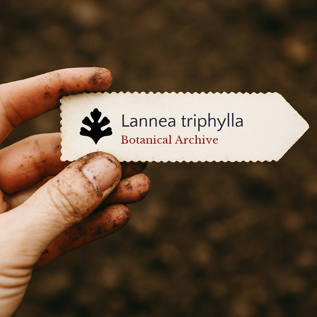 Printed plant label for Lannea triphylla held by dirty hand over soil background