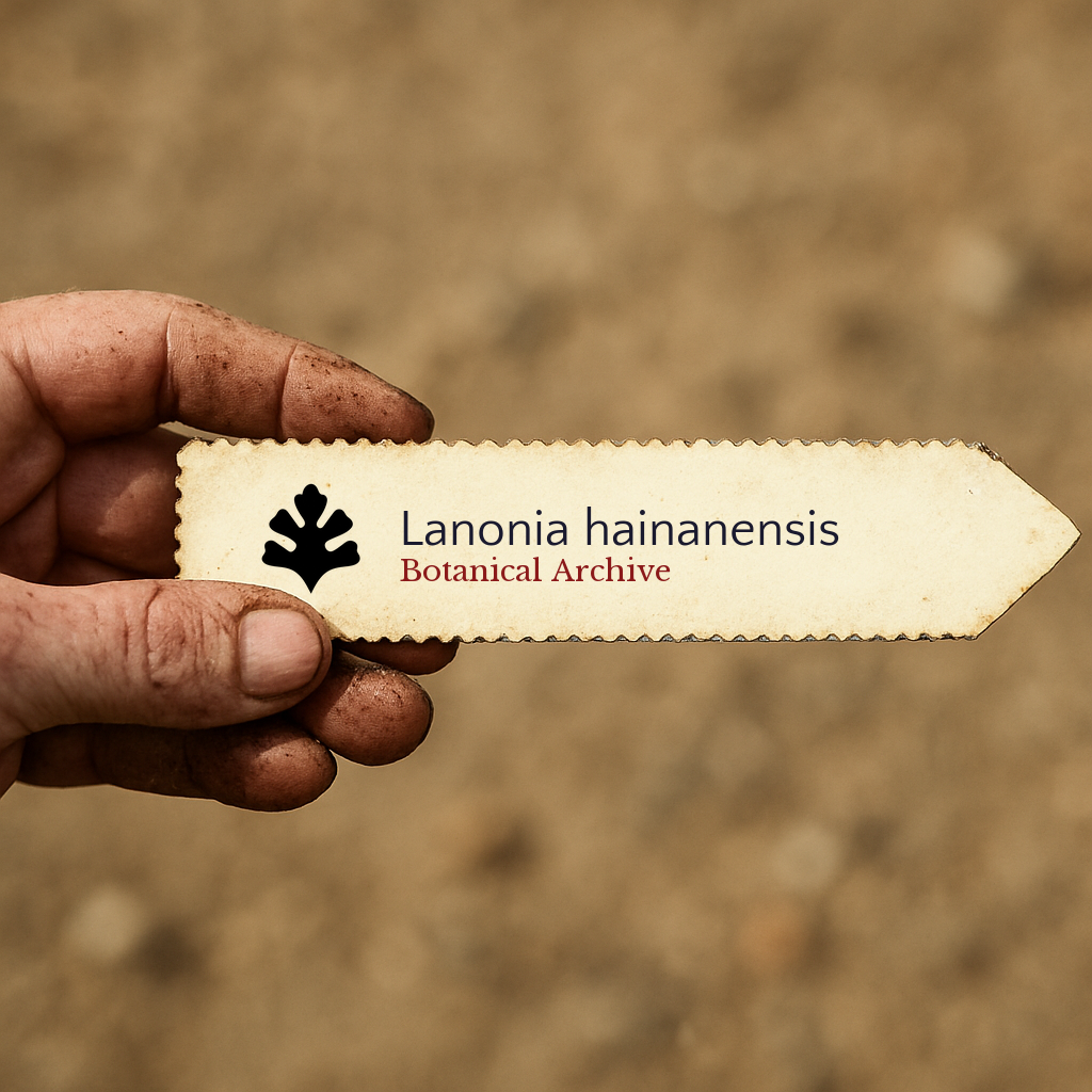 Printed plant label for Lanonia hainanensis with botanical archive logo in hand