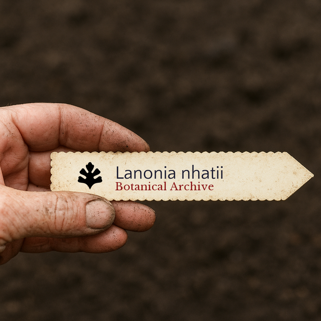 Printed plant label for Lanonia nhatii held over soil background