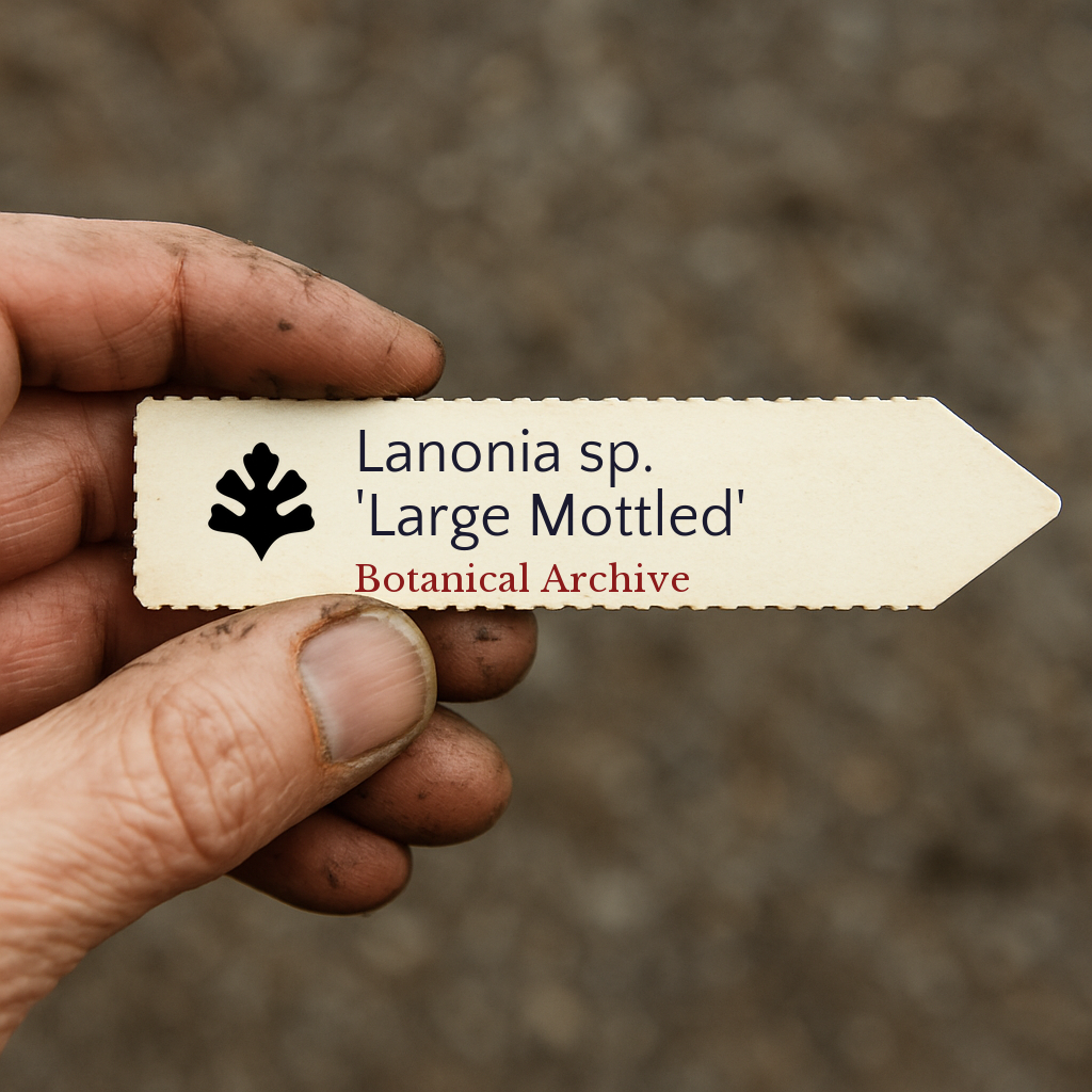 Printed plant label for Lanonia sp. 'Large Mottled' held by hand with soil background
