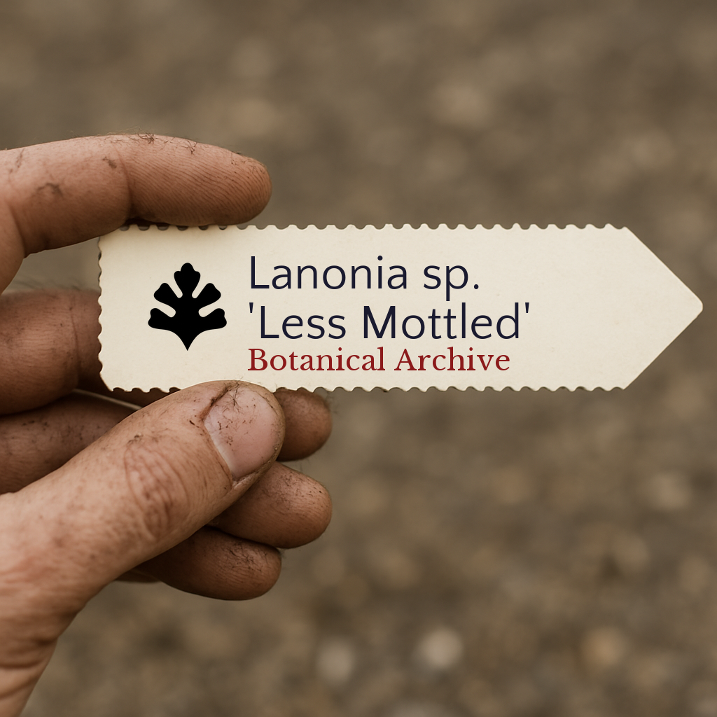 Printed plant label for Lanonia sp. 'Less Mottled' held by dirty hand outdoors