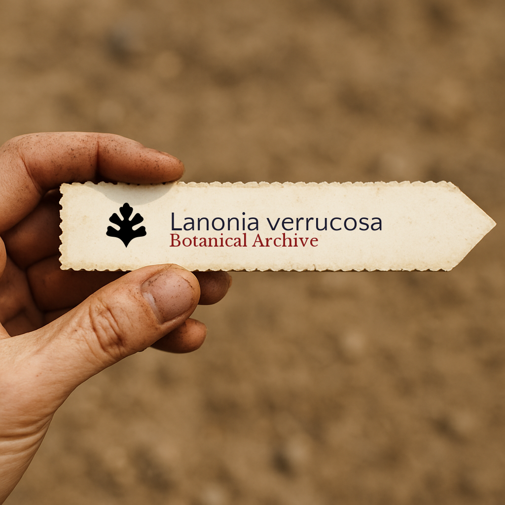Printed plant label for Lanonia verrucosa held by hand over soil background