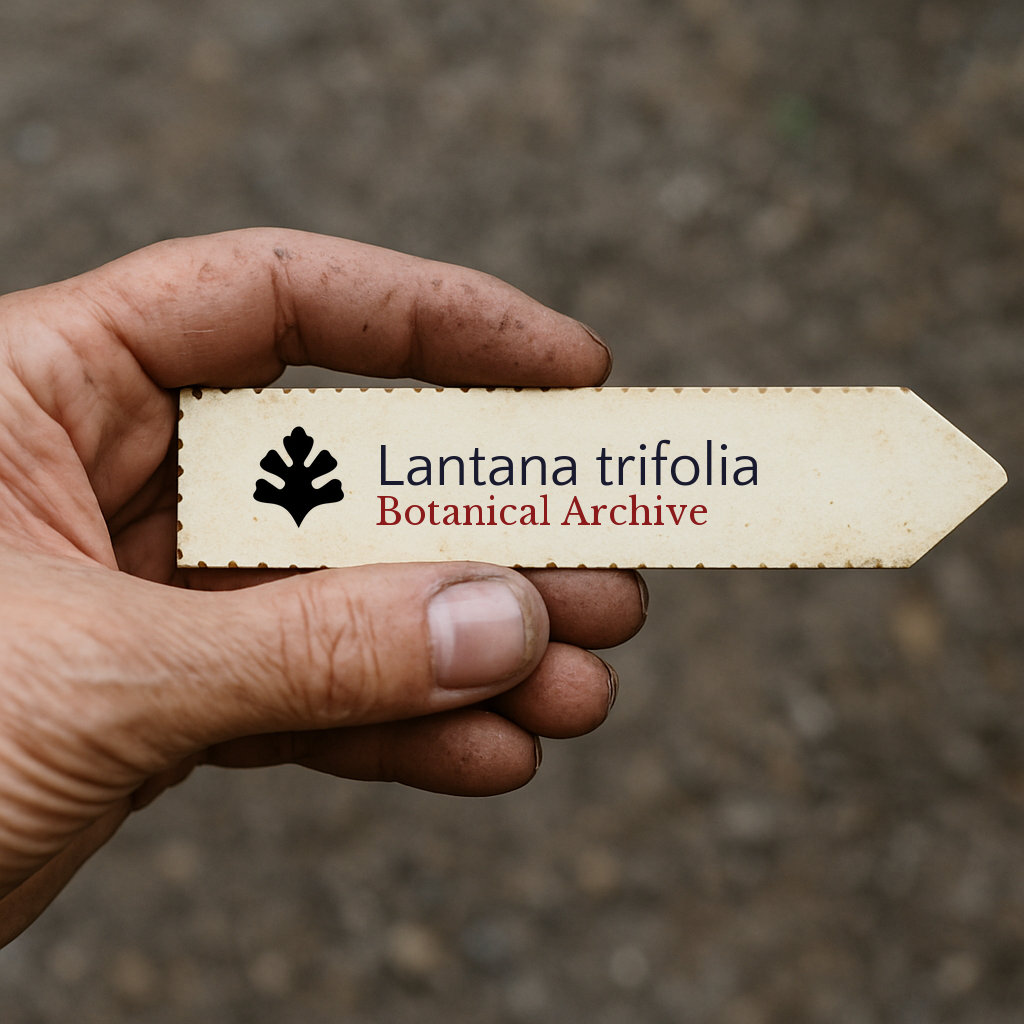 Etichetta per pianta stampata per Lantana trifolia tenuta in mano con sfondo di terreno
