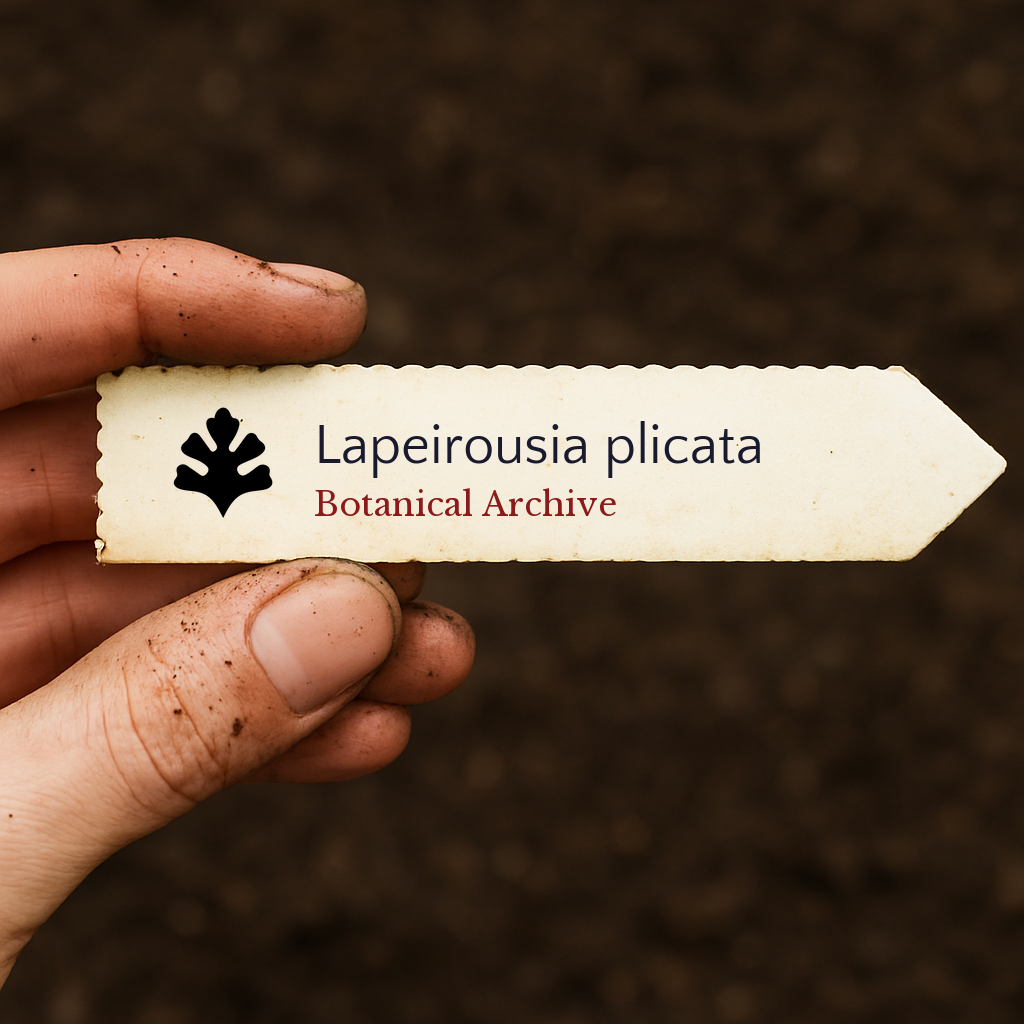 Etichetta per pianta stampata per Lapeirousia plicata su sfondo di terreno