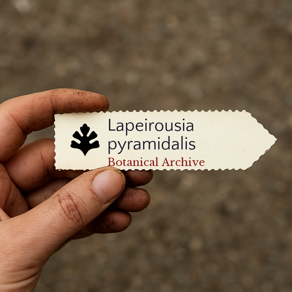 Printed plant label for Lapeirousia pyramidalis held by dirty hand outdoors