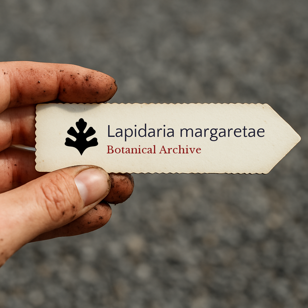 Etichetta per pianta stampata per Lapidaria margaretae tenuta da mano sporca all'aperto