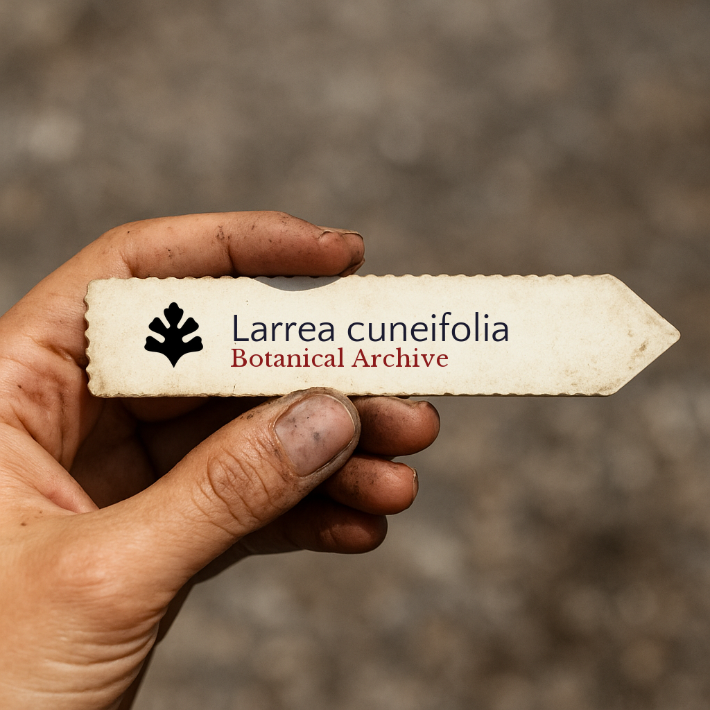 Etichetta per pianta stampata per Larrea cuneifolia tenuta a mano con terra sotto le unghie