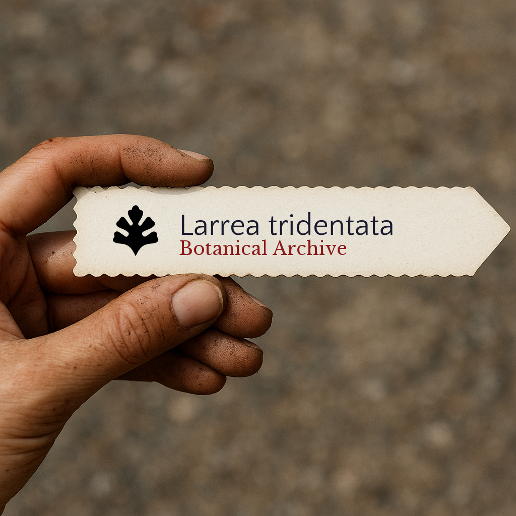 Printed plant label for Larrea tridentata held by hand with soil on fingers